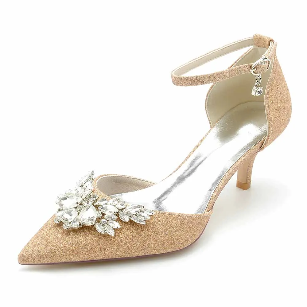 Low Heels Beaded Wedding Heels Ankle Strap Glitter Pumps Party Heels