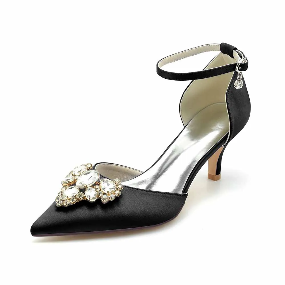 Low Heels Beaded Wedding Heels Ankle Strap Pumps Satin Bridal Heels