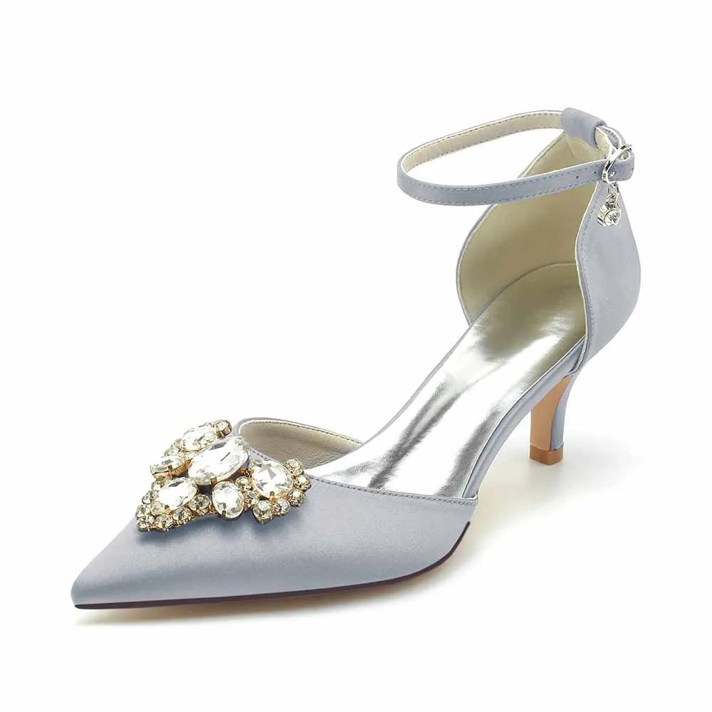 Low Heels Beaded Wedding Heels Ankle Strap Pumps Satin Bridal Heels