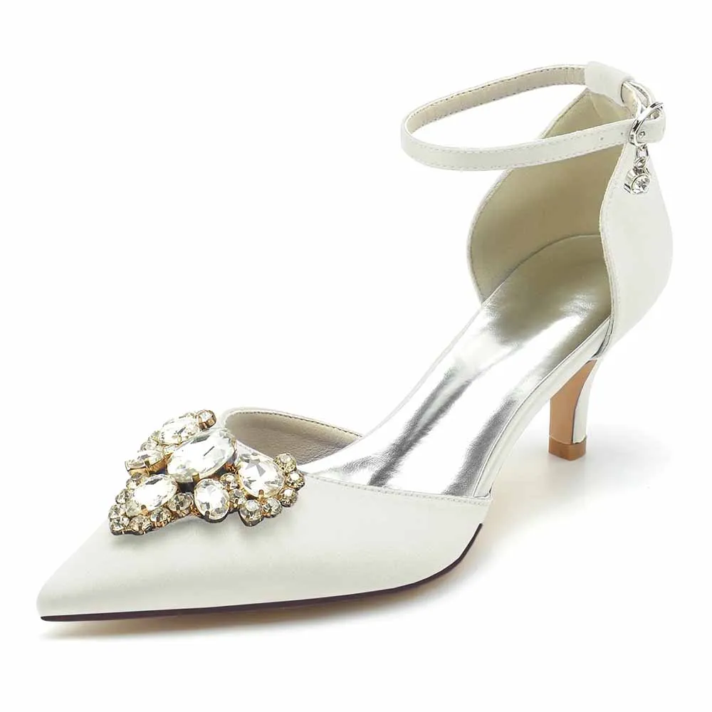 Low Heels Beaded Wedding Heels Ankle Strap Pumps Satin Bridal Heels