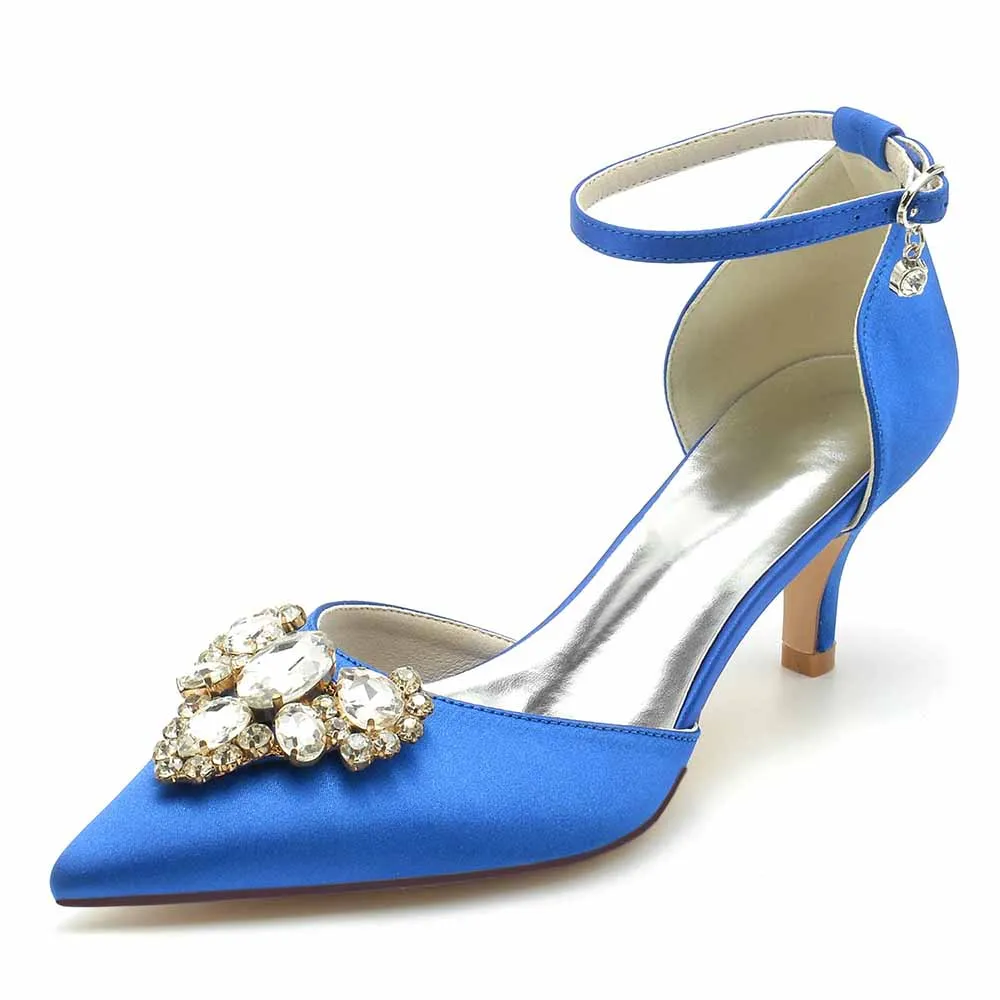 Low Heels Beaded Wedding Heels Ankle Strap Pumps Satin Bridal Heels