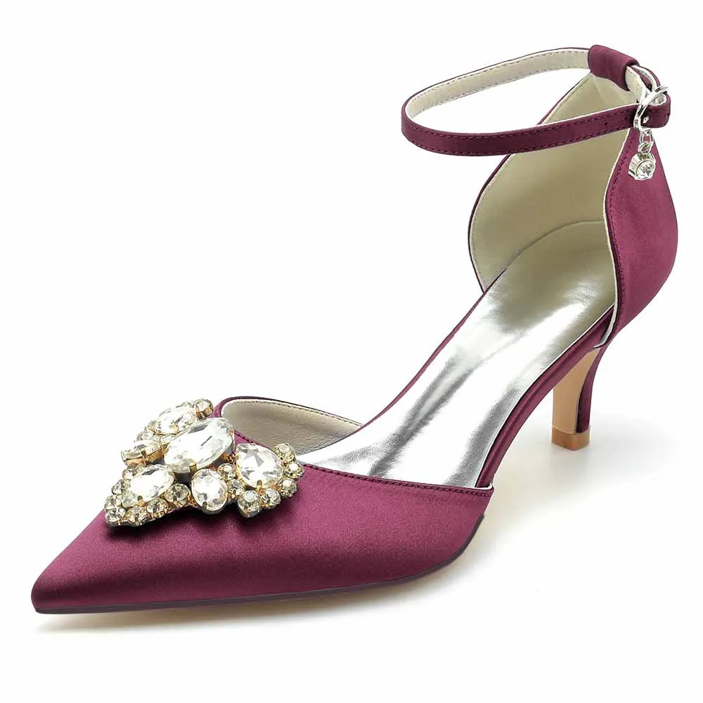 Low Heels Beaded Wedding Heels Ankle Strap Pumps Satin Bridal Heels