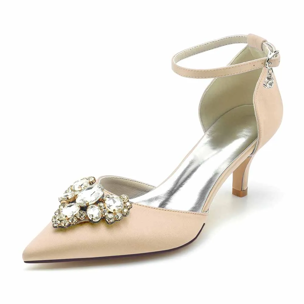 Low Heels Beaded Wedding Heels Ankle Strap Pumps Satin Bridal Heels