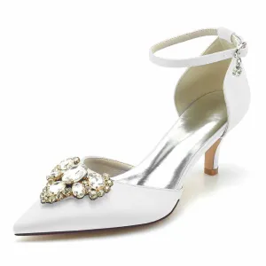 Low Heels Beaded Wedding Heels Ankle Strap Pumps Satin Bridal Heels