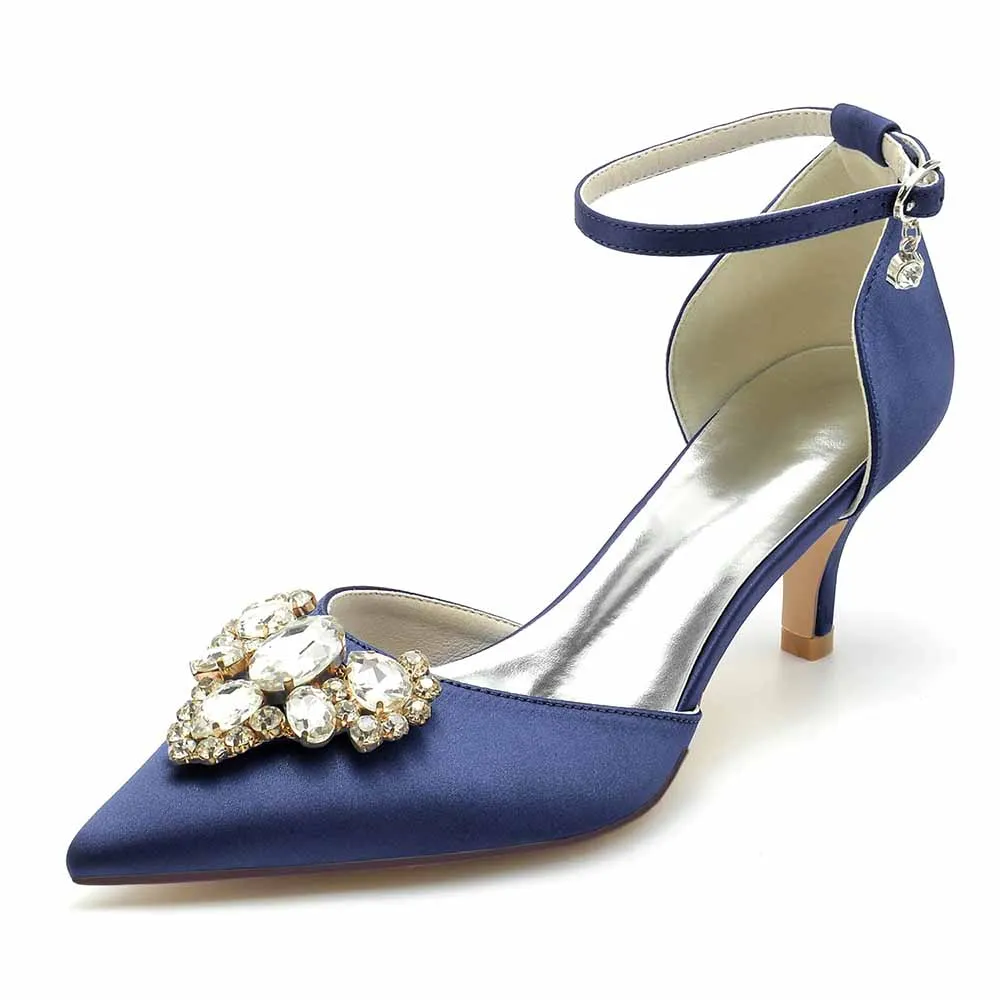 Low Heels Beaded Wedding Heels Ankle Strap Pumps Satin Bridal Heels