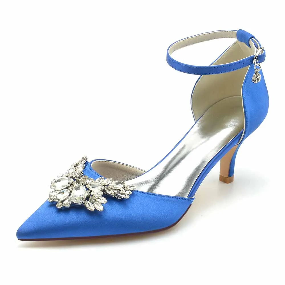 Low Heels Beaded Wedding Heels Ankle Strap Pumps Satin Party Heels