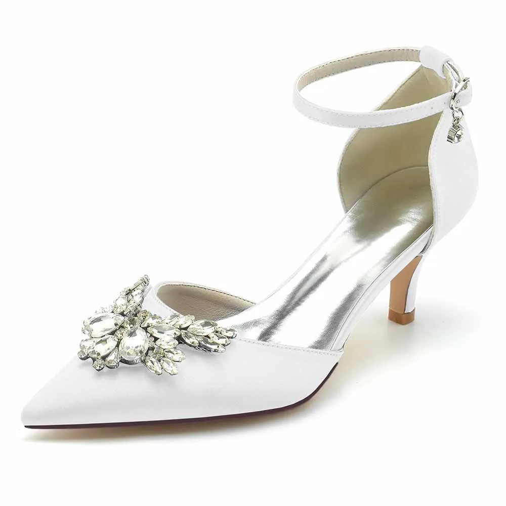 Low Heels Beaded Wedding Heels Ankle Strap Pumps Satin Party Heels