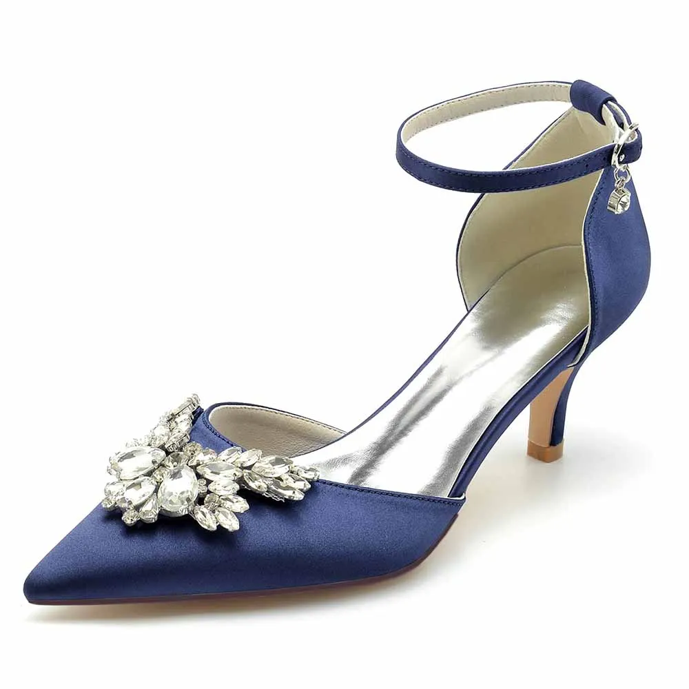 Low Heels Beaded Wedding Heels Ankle Strap Pumps Satin Party Heels