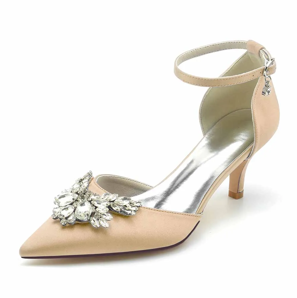 Low Heels Beaded Wedding Heels Ankle Strap Pumps Satin Party Heels