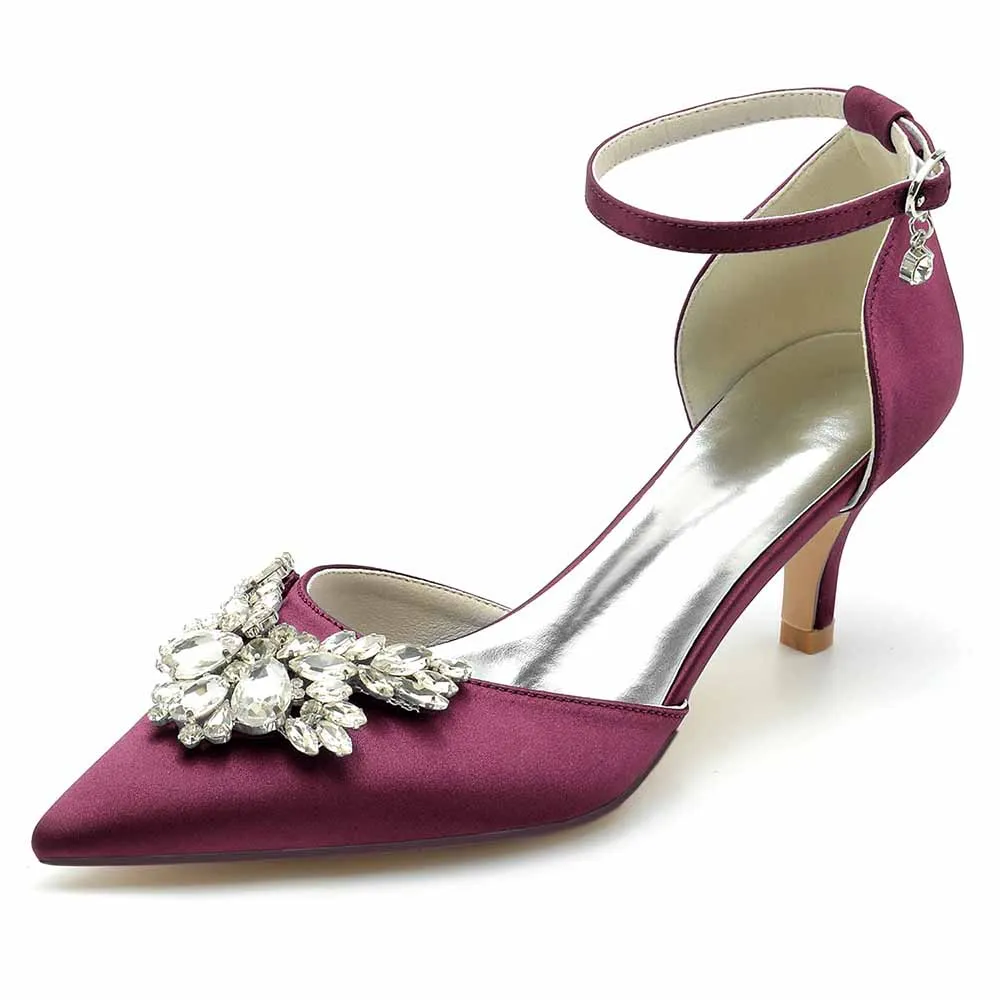 Low Heels Beaded Wedding Heels Ankle Strap Pumps Satin Party Heels