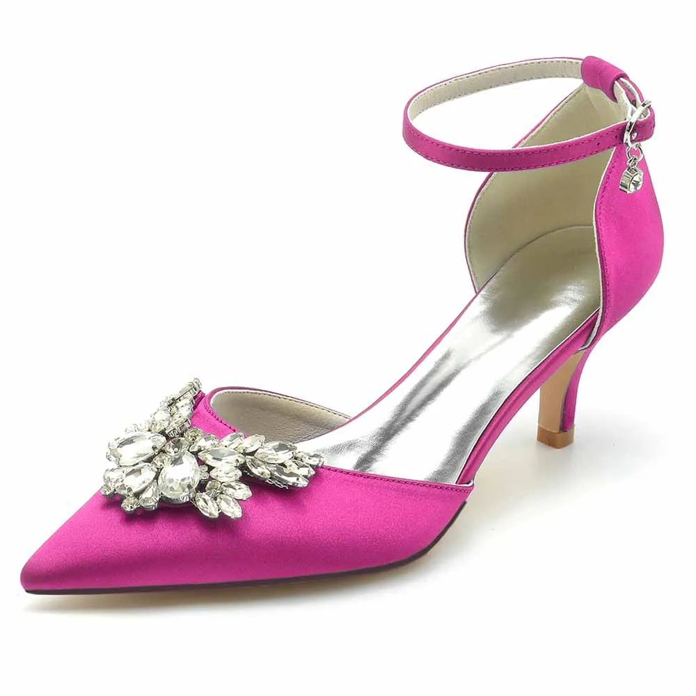 Low Heels Beaded Wedding Heels Ankle Strap Pumps Satin Party Heels