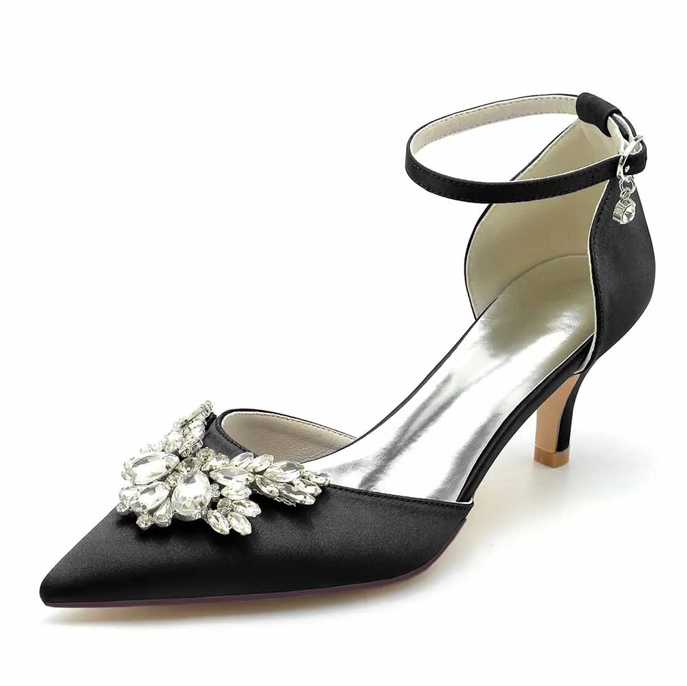 Low Heels Beaded Wedding Heels Ankle Strap Pumps Satin Party Heels