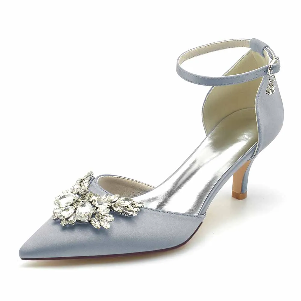 Low Heels Beaded Wedding Heels Ankle Strap Pumps Satin Party Heels