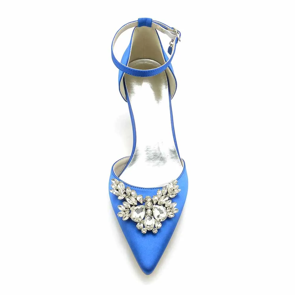 Low Heels Beaded Wedding Heels Ankle Strap Pumps Satin Party Heels