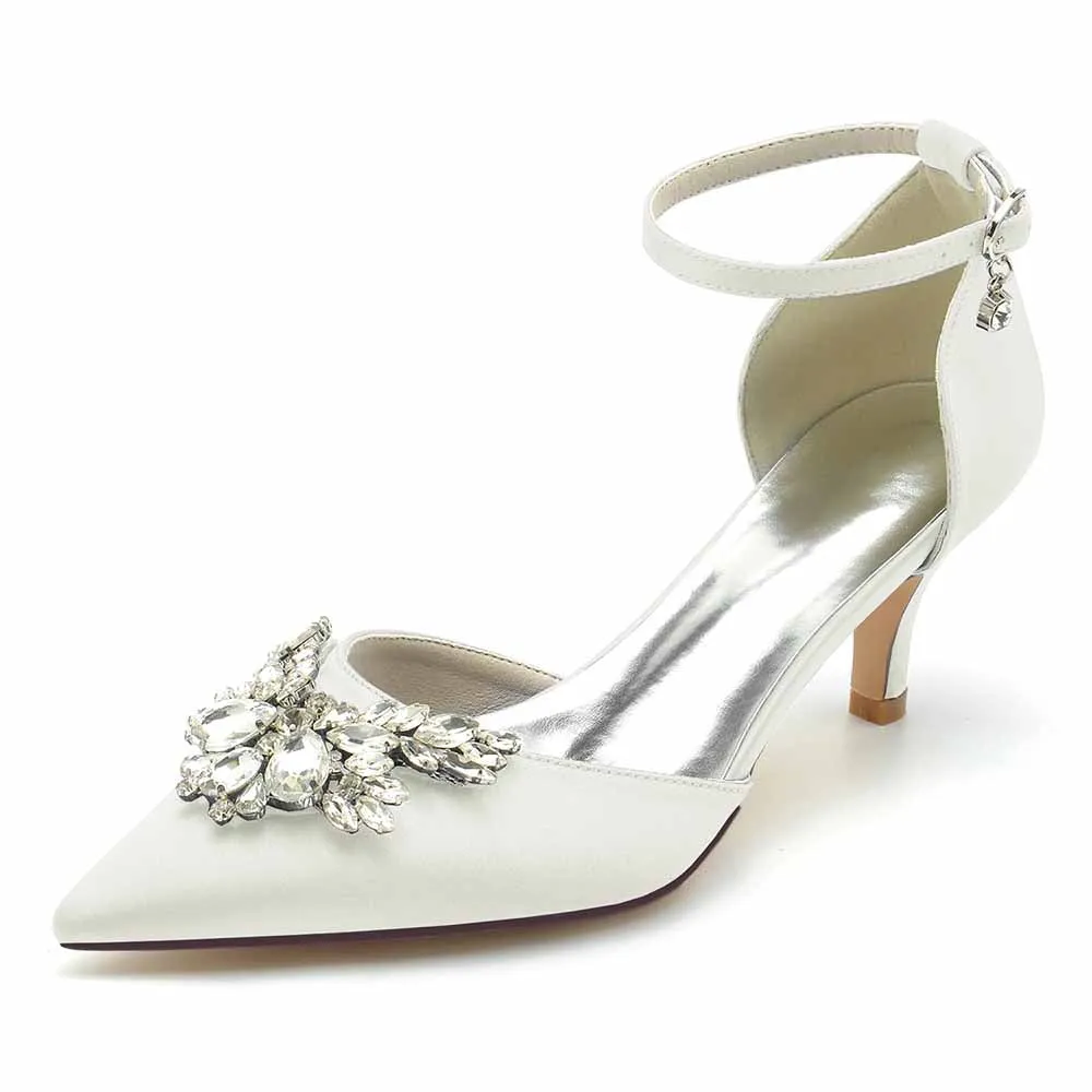 Low Heels Beaded Wedding Heels Ankle Strap Pumps Satin Party Heels