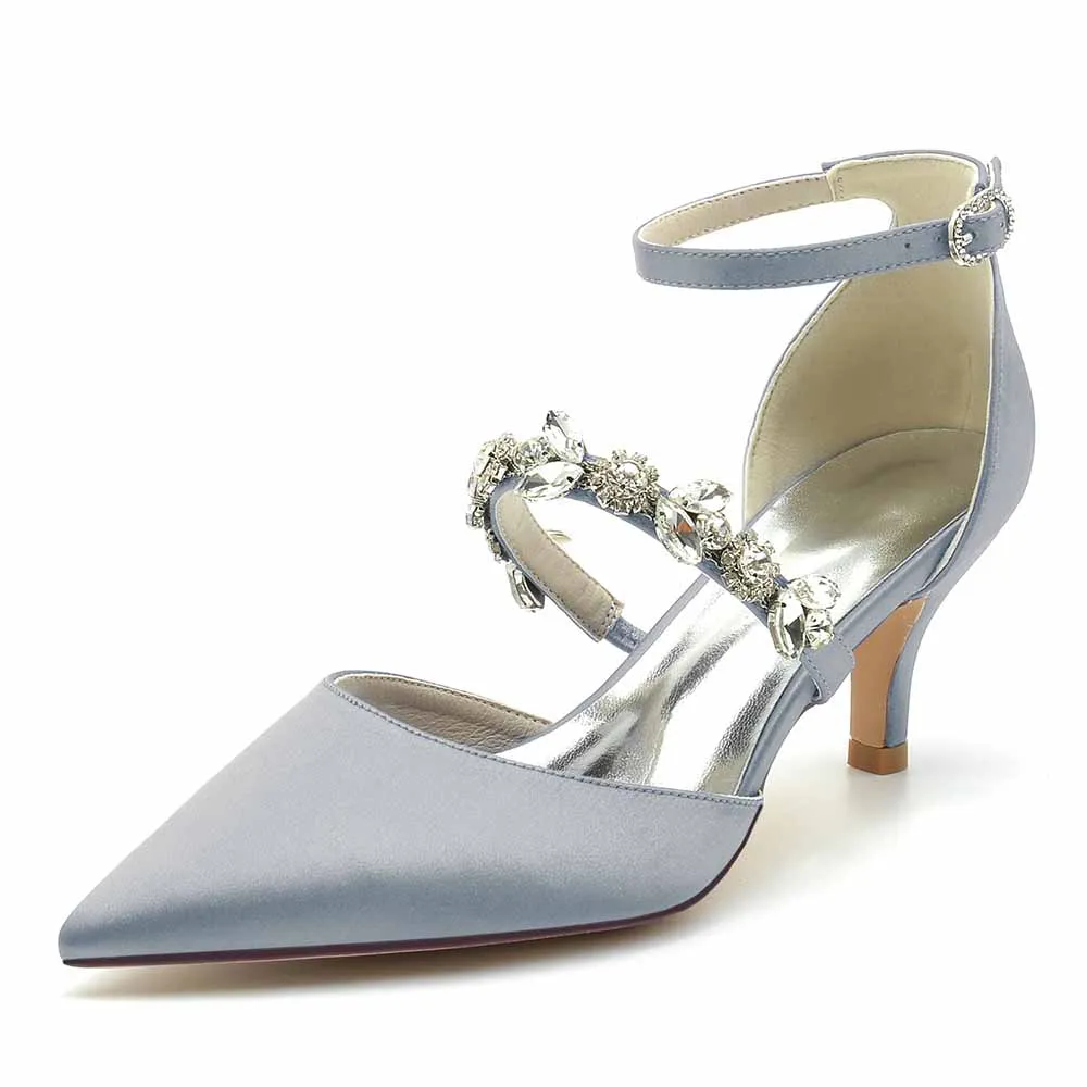 Low Heels Beaded Wedding Satin Heels Ankle Strap Pumps Party Heels