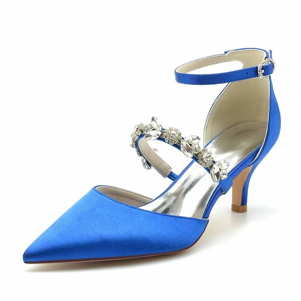 Low Heels Beaded Wedding Satin Heels Ankle Strap Pumps Party Heels