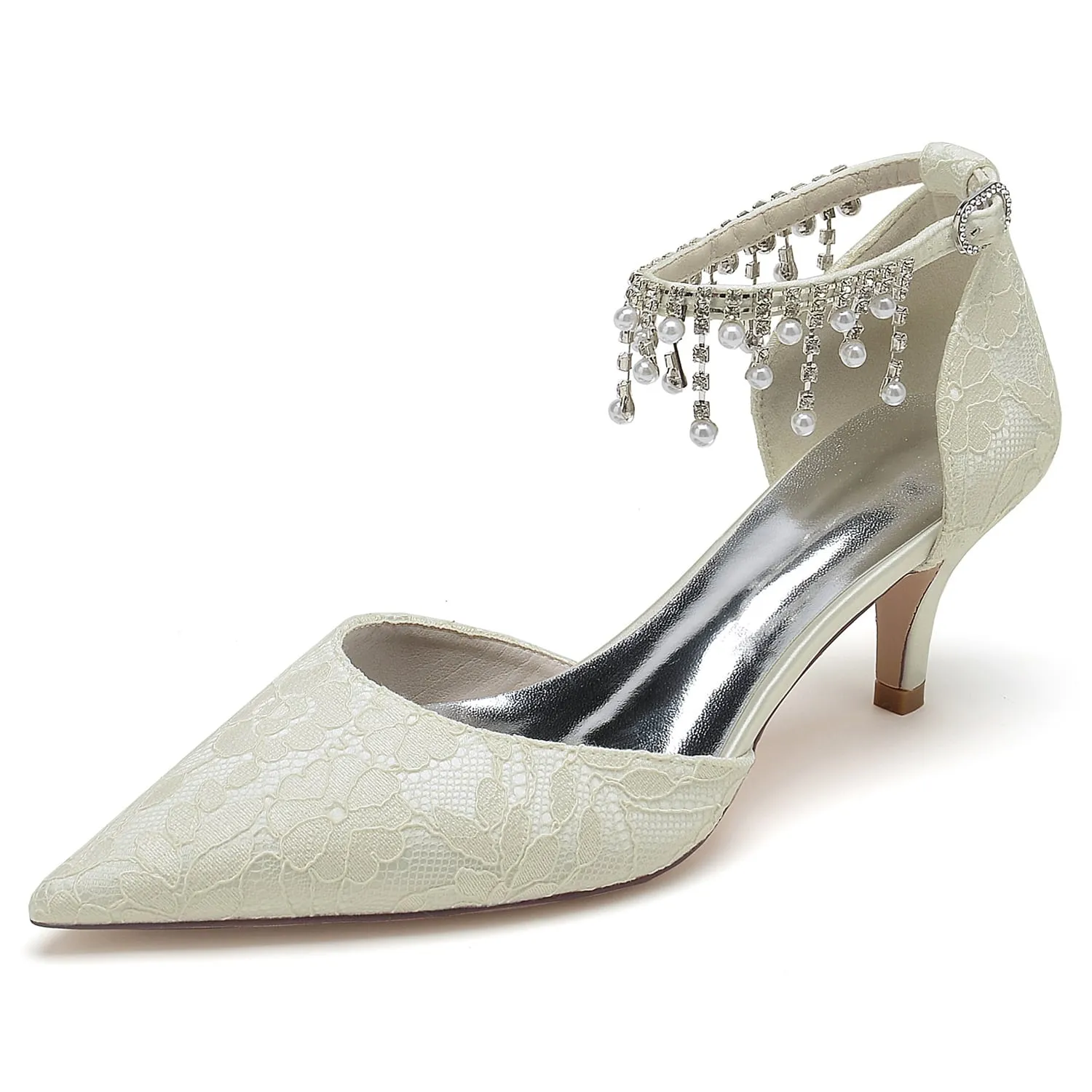 Low Heels Lace Wedding Heels Ankle Strap Shoes with Beaded Bridal Heels