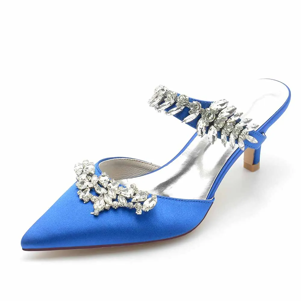 Low Heels Pointed Toe Bridal Mules with Crystal Strap