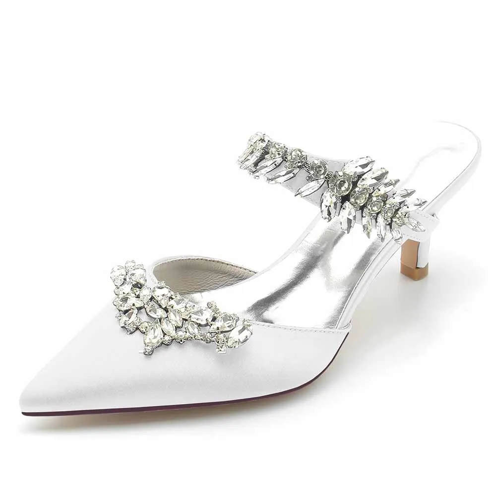 Low Heels Pointed Toe Bridal Mules with Crystal Strap