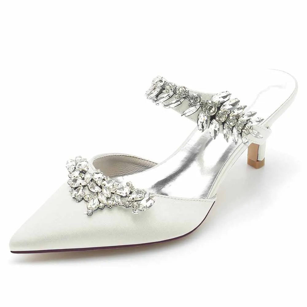 Low Heels Pointed Toe Bridal Mules with Crystal Strap