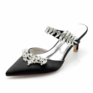 Low Heels Pointed Toe Bridal Mules with Crystal Strap