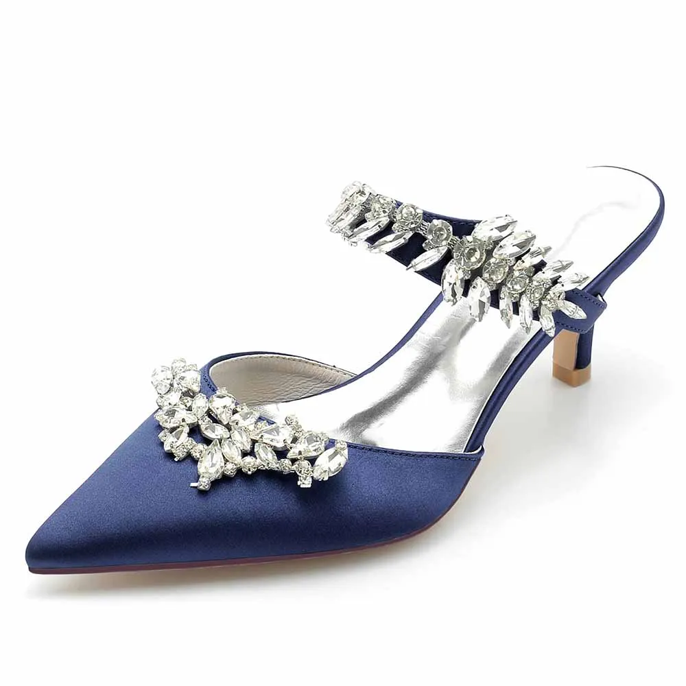 Low Heels Pointed Toe Bridal Mules with Crystal Strap