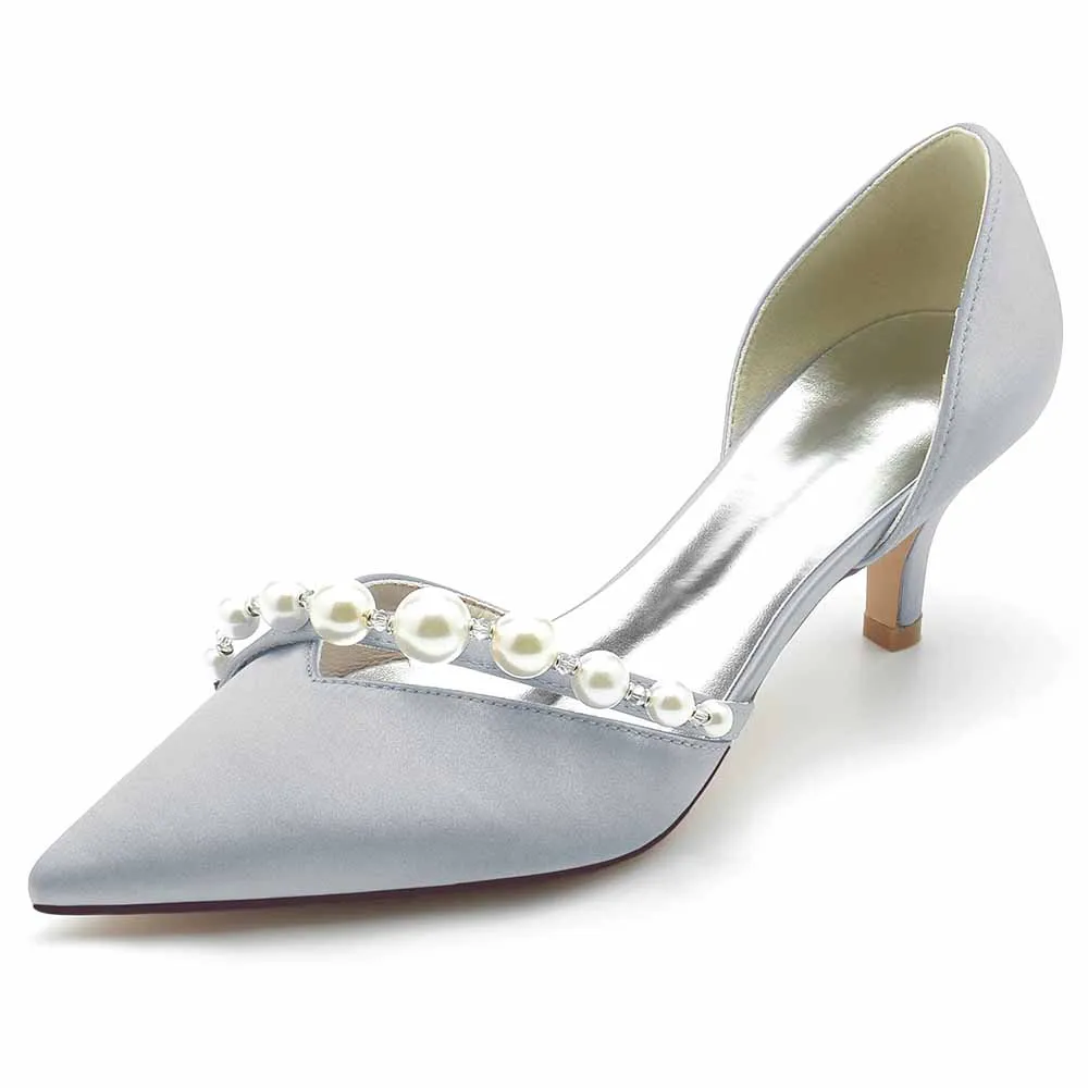 Low Heels Pull-on Wedding Heels Satin Formal Shoes with Pearls Bridal Heels