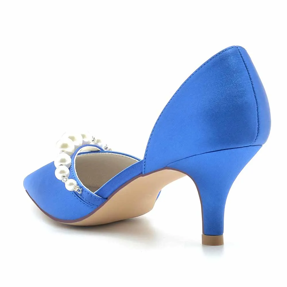 Low Heels Pull-on Wedding Heels Satin Formal Shoes with Pearls Bridal Heels