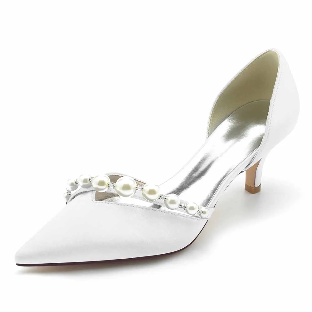 Low Heels Pull-on Wedding Heels Satin Formal Shoes with Pearls Bridal Heels