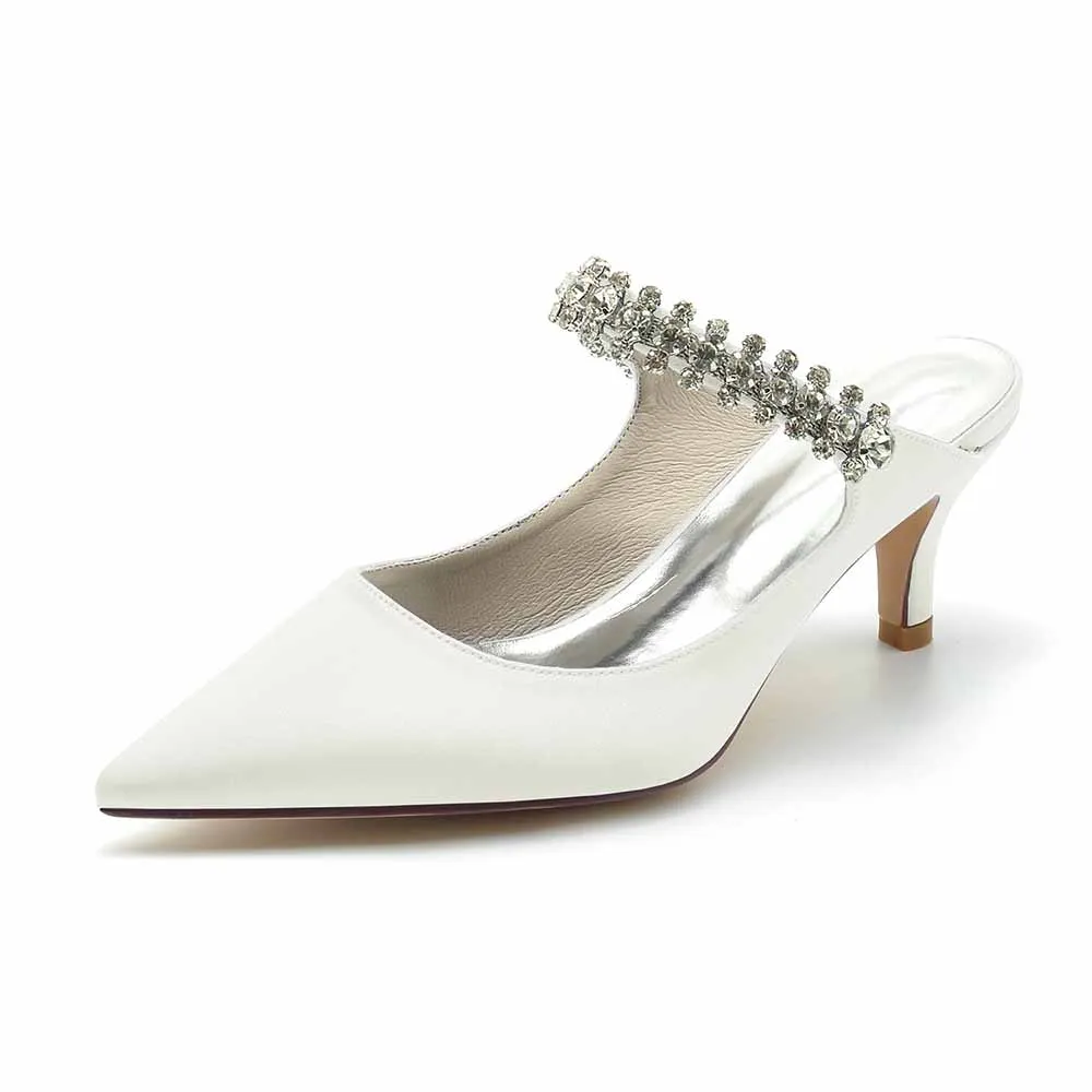 Low Heels Satin Pointed Toe Bridal Mules with Crystal Strap