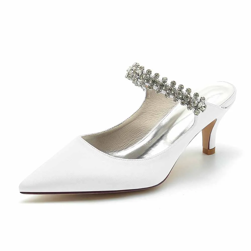 Low Heels Satin Pointed Toe Bridal Mules with Crystal Strap