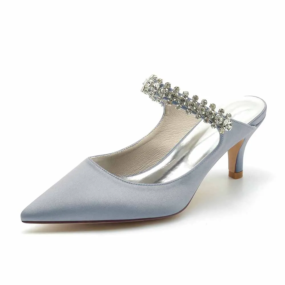 Low Heels Satin Pointed Toe Bridal Mules with Crystal Strap