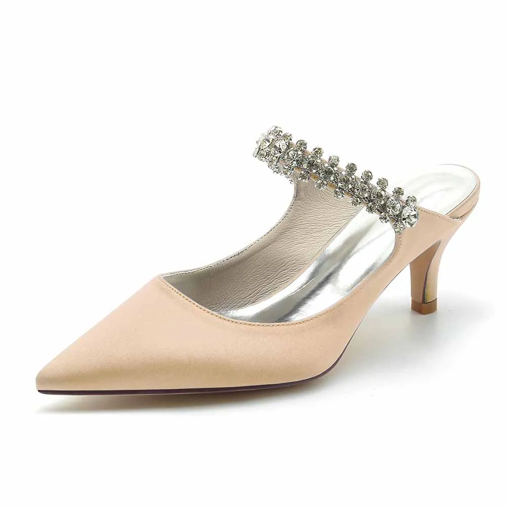 Low Heels Satin Pointed Toe Bridal Mules with Crystal Strap