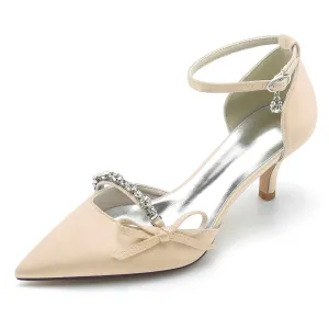 Low Heels Wedding Heels Satin Ankle Strap Shoes with Beaded Bridal Heels