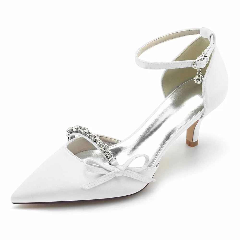 Low Heels Wedding Heels Satin Ankle Strap Shoes with Beaded Bridal Heels