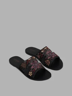 LUNA BLU Black Beaded Floral Embroidered Sandals