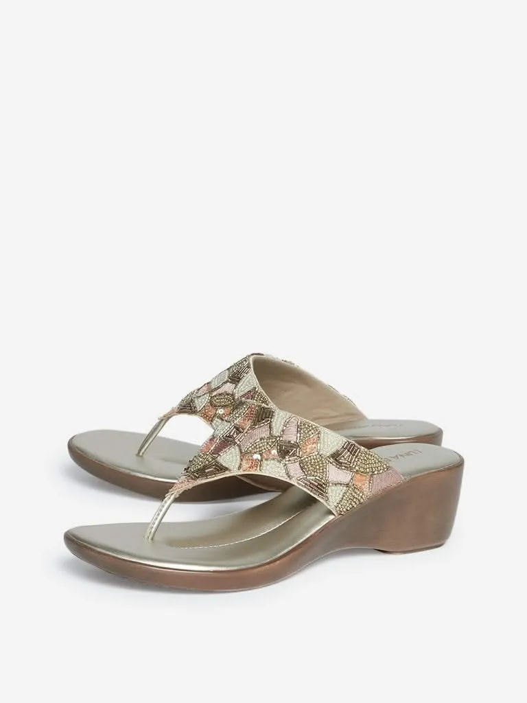 LUNA BLU Rose-Gold Beaded Wedge-Heel Sandals