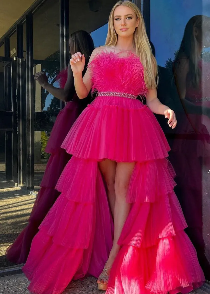 Marie| A-line High-Low Strapless Ruffled Tulle Prom Dress with Feathers