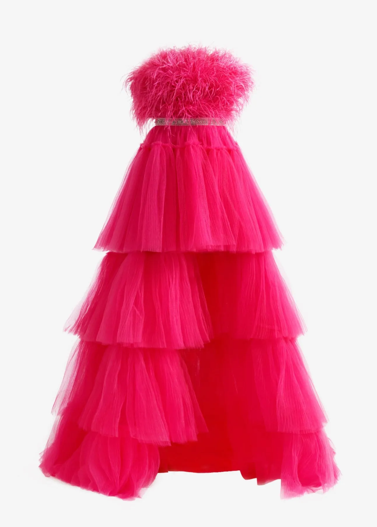 Marie| A-line High-Low Strapless Ruffled Tulle Prom Dress with Feathers