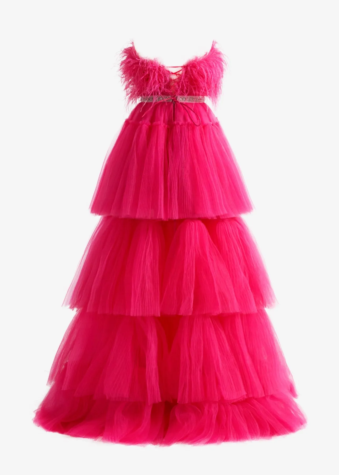 Marie| A-line High-Low Strapless Ruffled Tulle Prom Dress with Feathers