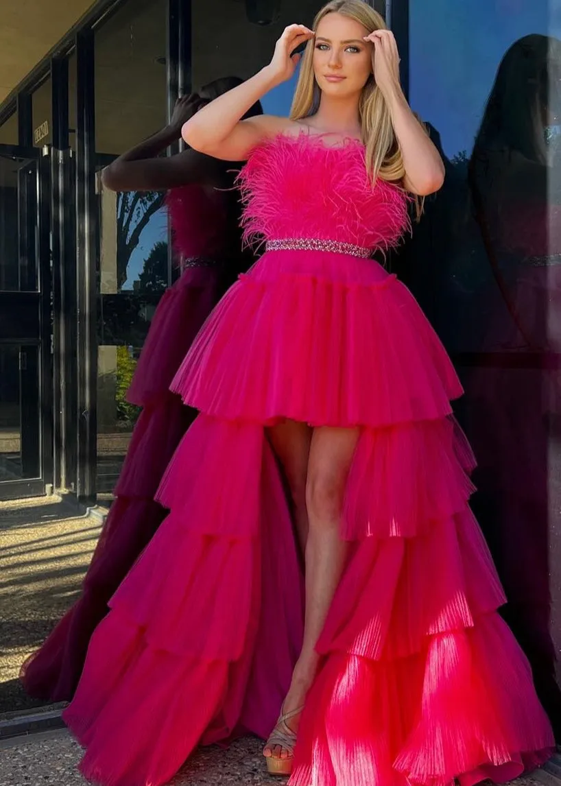 Marie| A-line High-Low Strapless Ruffled Tulle Prom Dress with Feathers