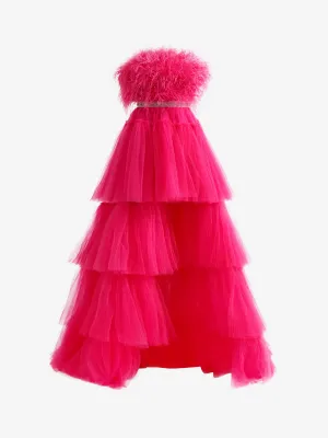 Marie| Fuchsia A-line High-Low Strapless Ruffled Tulle Prom Dress with Feathers