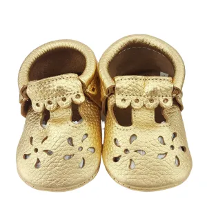 Mary Jane Gold Leather Baby Moccasins