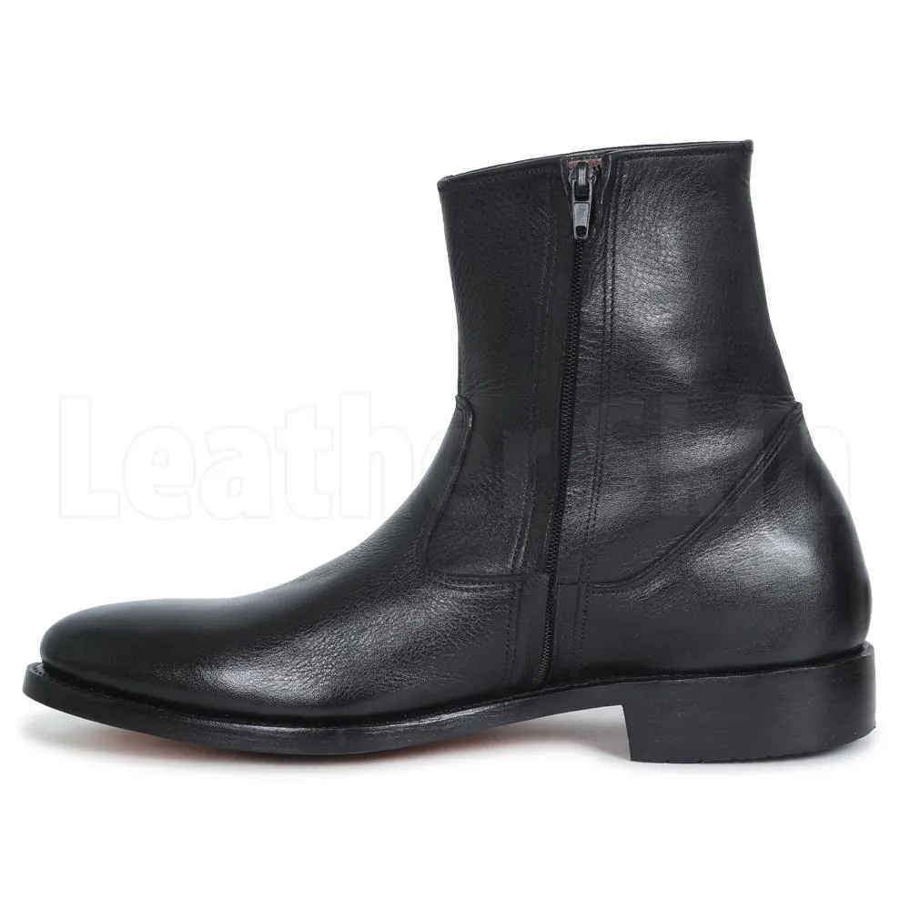 Men Black Zipper Ankle Genuine Leather Boots