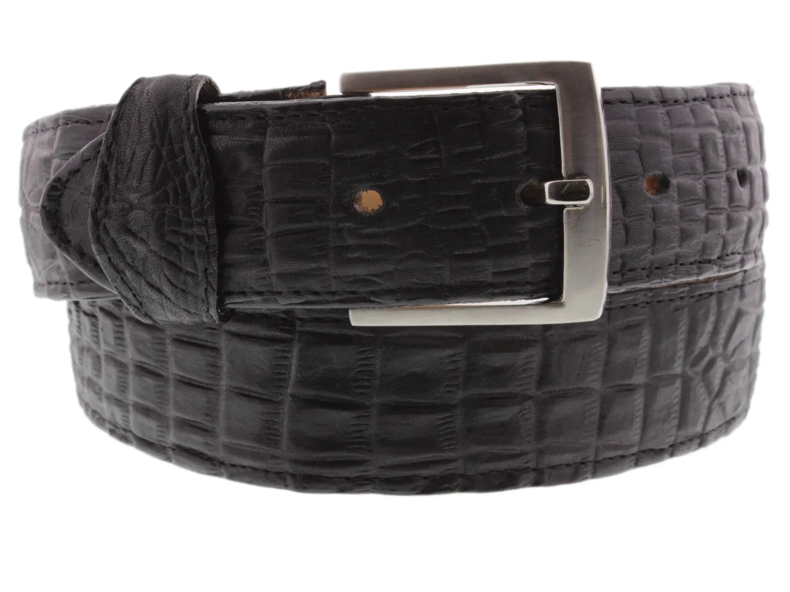 Men's Black Crocodile Belly Pattern Leather Cowboy Belt - Silver Buckle