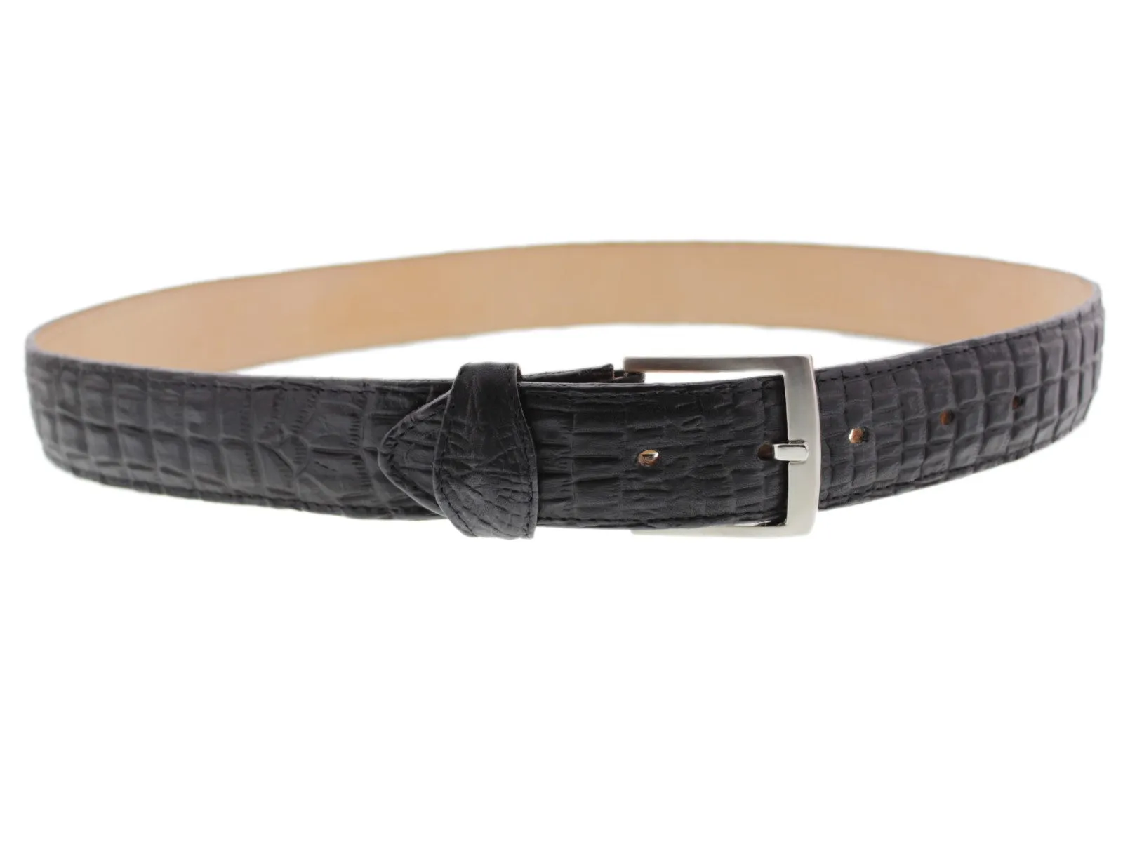 Men's Black Crocodile Belly Pattern Leather Cowboy Belt - Silver Buckle