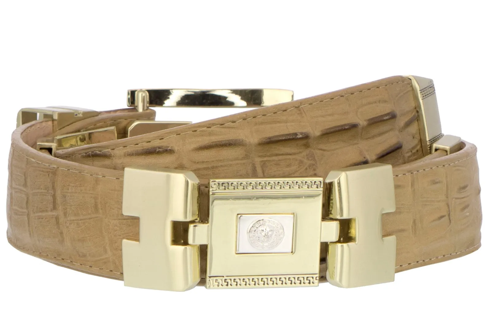 Mens Sand Cowboy Dress Belt Crocodile Tail Print - Gold Links