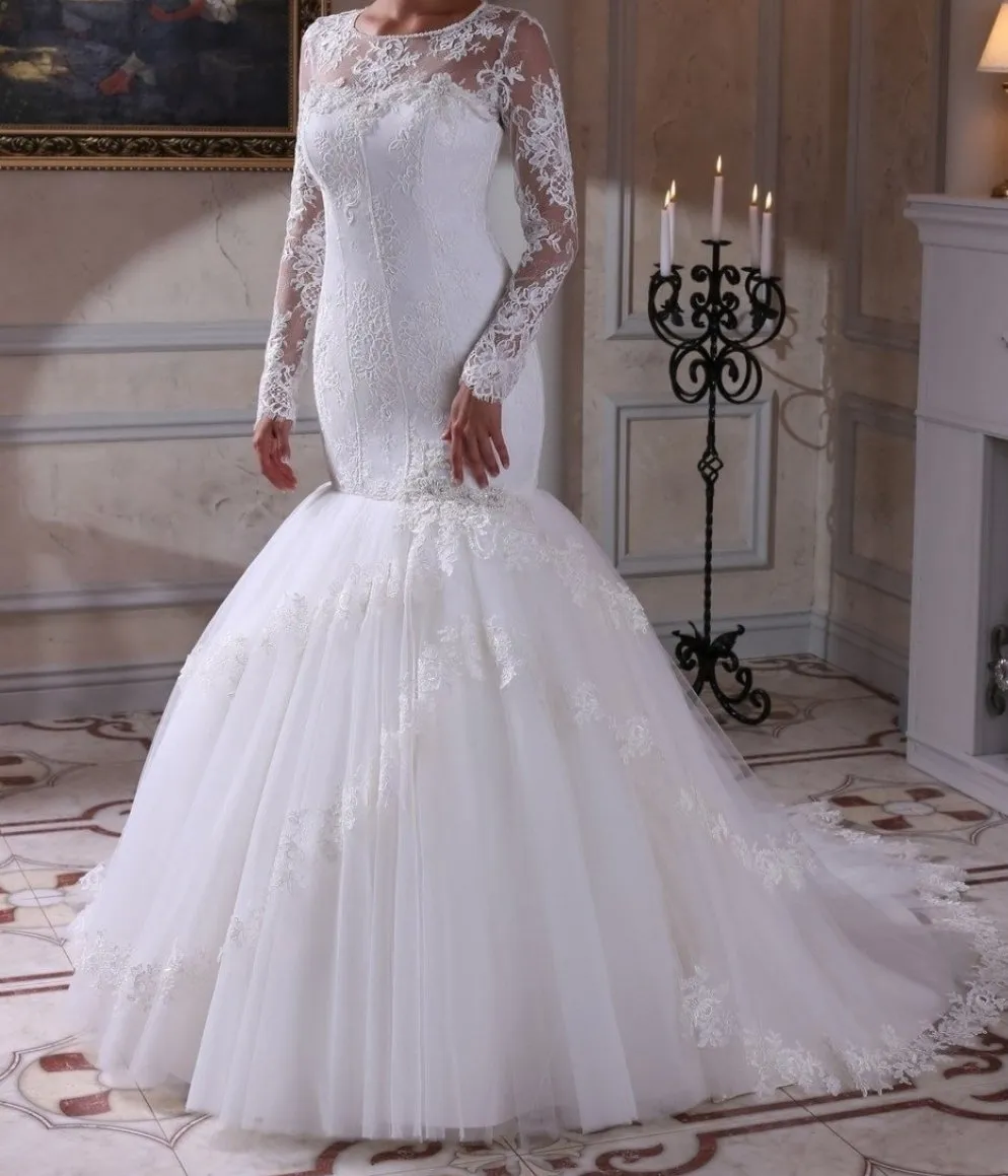 Mermaid Long sleeved Lace Wedding Bridal Gown with Victorian Lace Sleeves