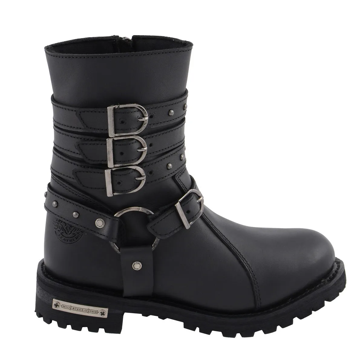 Milwaukee Leather MBL9399 Women's 9-Inch Triple Buckle Black Leather Harness Biker Boots w/ Side Zipper